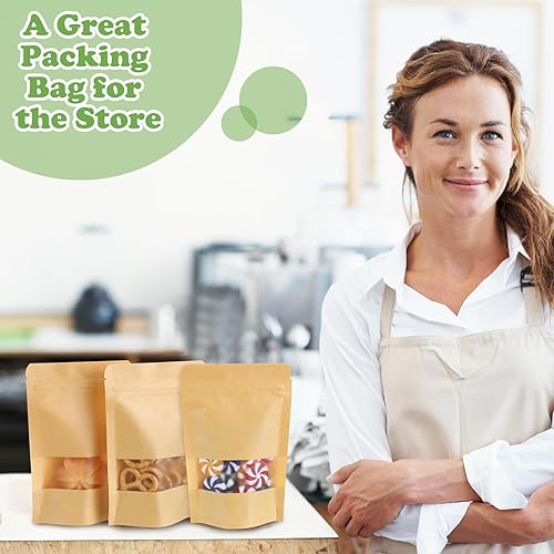Miniatura 10 de 300 bolsas de papel kraft con ventana, bolsas de papel kraft con cierre de cremallera, bolsas de papel kraft de 6 x 9 pulgadas, bolsas reutilizables