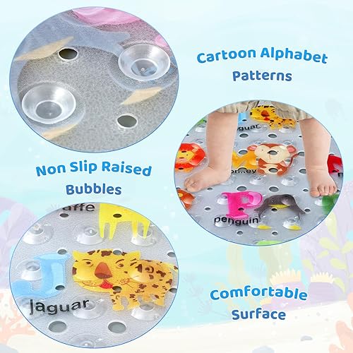 Miniatura 2 de Tapete de baño para bebé para niños, 40 x 16 pulgadas, antideslizante, con dibujos animados, con agujeros de drenaje y ventosas, lavable a máquina,