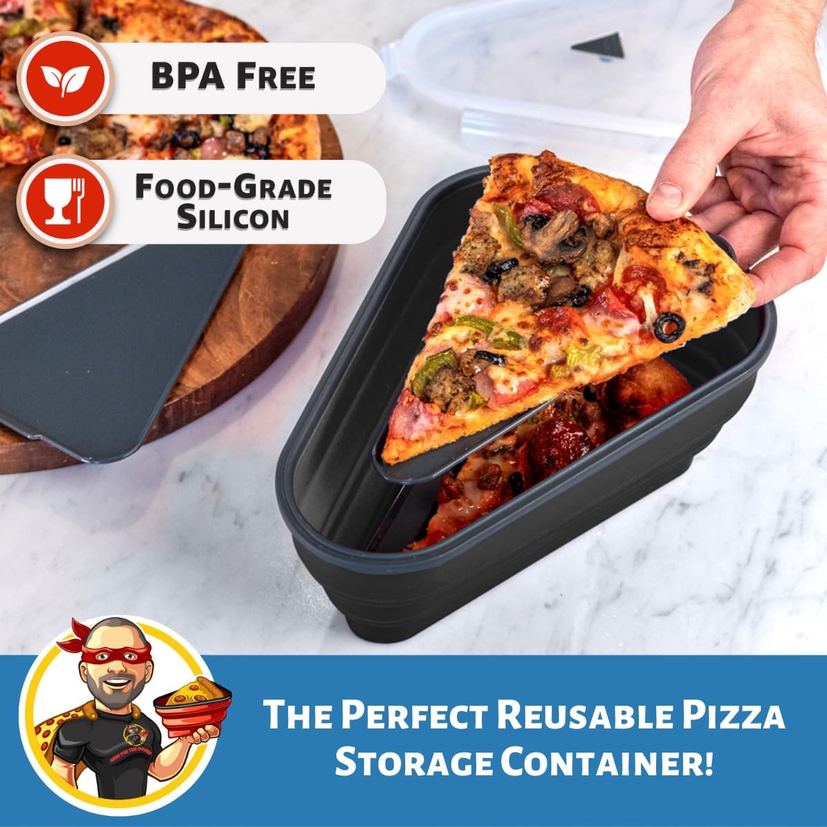 PIZZA PACK The Perfect Reusable Pizza Storage Container with 5 Microwavable Serving Trays - BPA-Free Adjustable Pizza Slice Container to Organize & Save Space, 2 Pack, Black