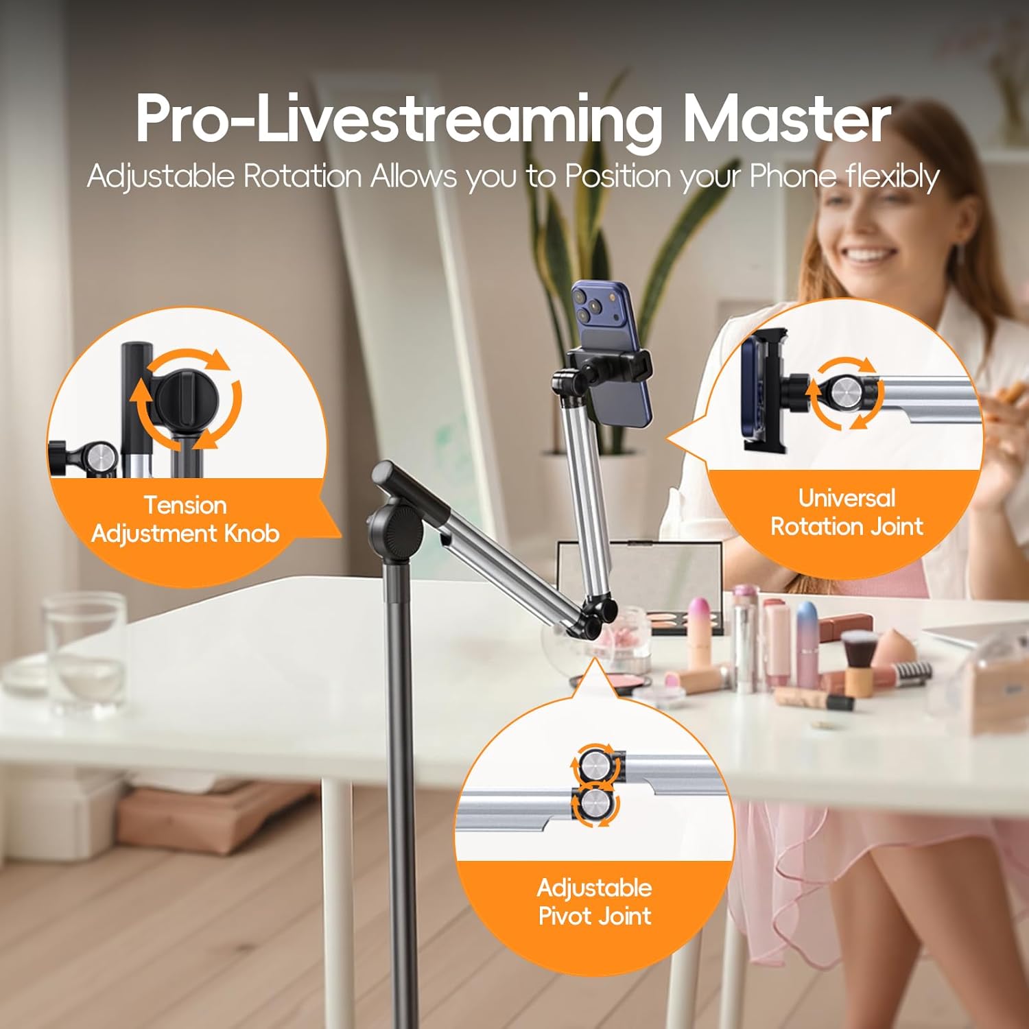 Floor Phone Stand for Recording, Overhead Phone Mount with Wheels and Weight Base, Free Rotation Aluminum Digital Heavy Duty Stand with Adjustable Angles & Height for Content Creation