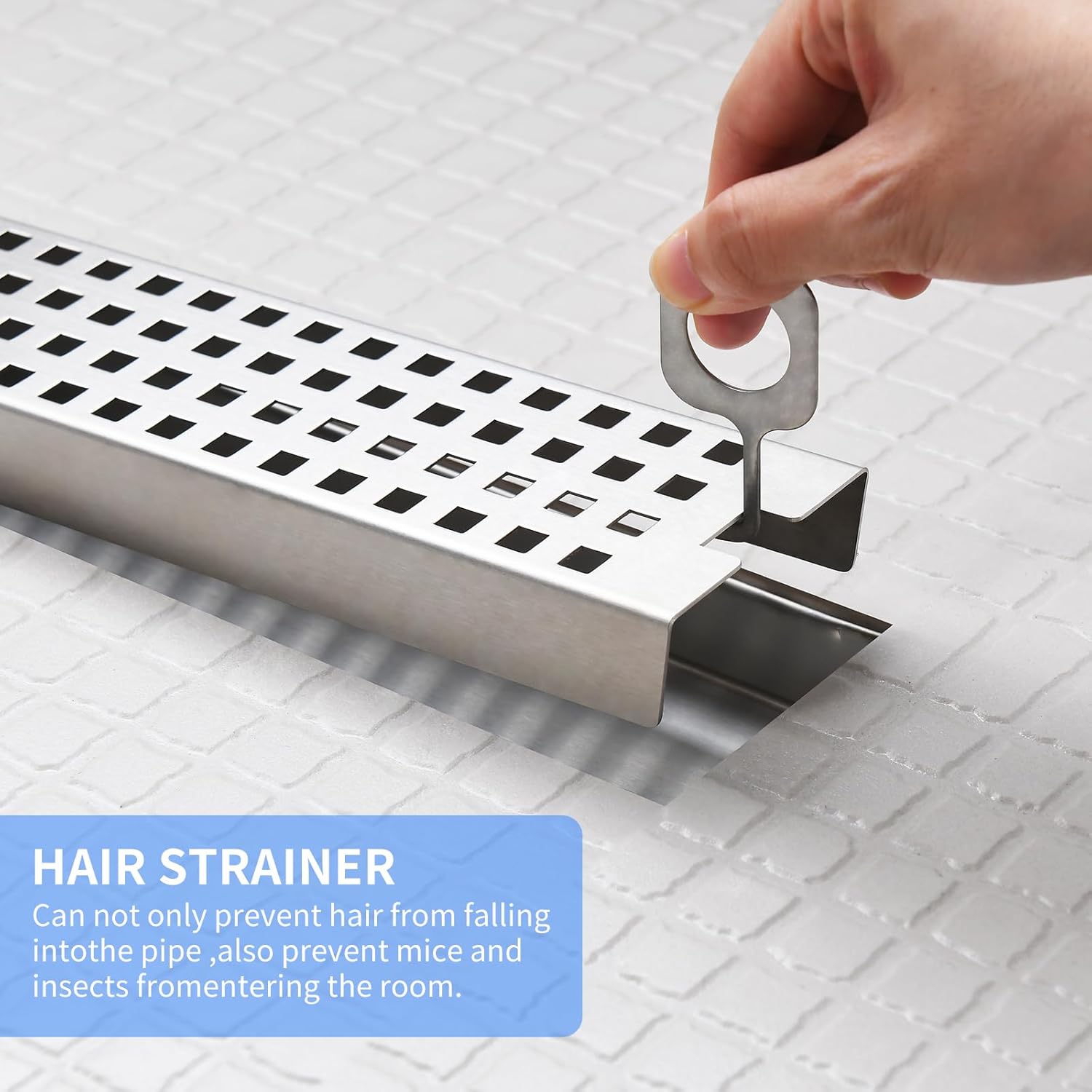 48 Inch Linear Shower Drain - Brushed Nickel 304 Stainless Steel Rectangular Floor Drain with Adjustable Leveling Feet, Hair Strainer and Removable Grate