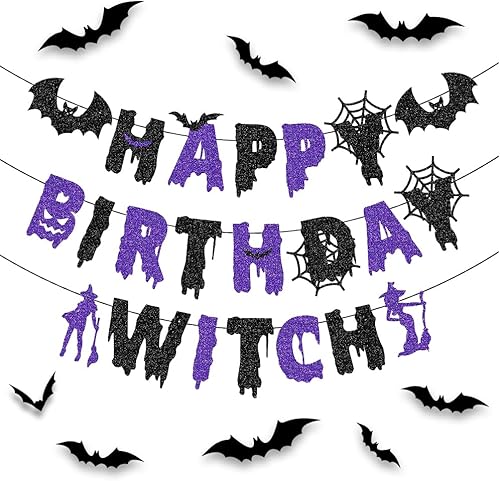 Quimoy Decoraciones de cumpleaños de terror, pancarta aterradora para fiesta de cumpleaños de Halloween con 12 calcomanías de pared de murciélago