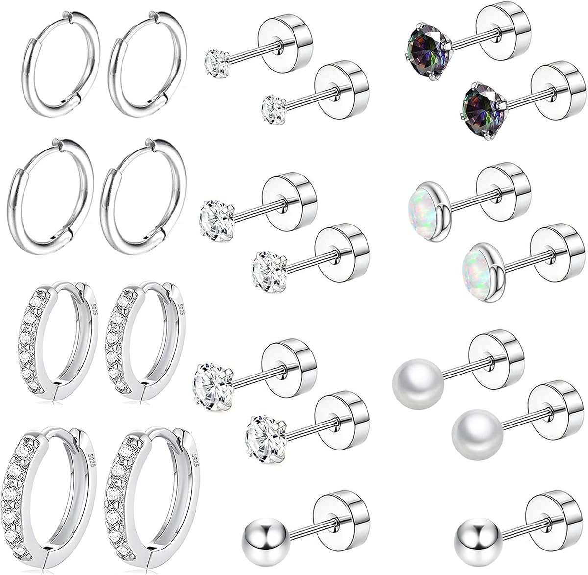 Juego de aretes de acero quirúrgico con parte posterior plana para múltiples orejas sensibles, aretes de aro de plata de ley hipoalergénicos para cartílago pequeño, aretes de titanio con circonita pequeña y ópalo para mujer