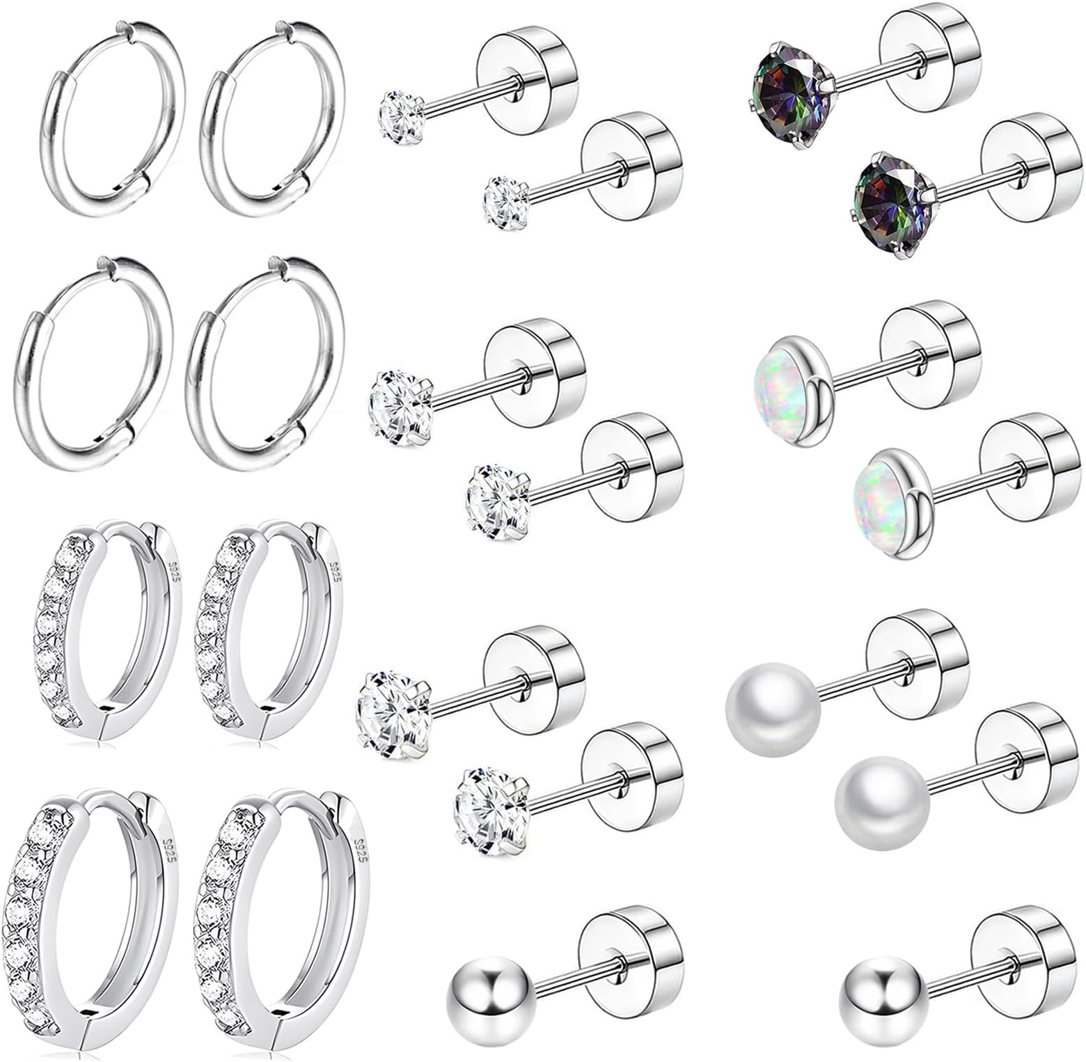 Surgical Steel Flat Back Earrings Set for Multiple Piercing Sensitive Ears,Sterling Silver Hypoallergenic Small Cartilage Huggie Hoop Earrings Titanium Tiny CZ Pearl Opal Stud Earrings for Women