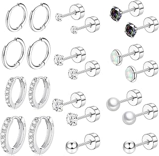 Surgical Steel Flat Back Earrings Set for Multiple Piercing Sensitive Ears,Sterling Silver Hypoallergenic Small Cartilage Huggie Hoop Earrings Titanium Tiny CZ Pearl Opal Stud Earrings for Women