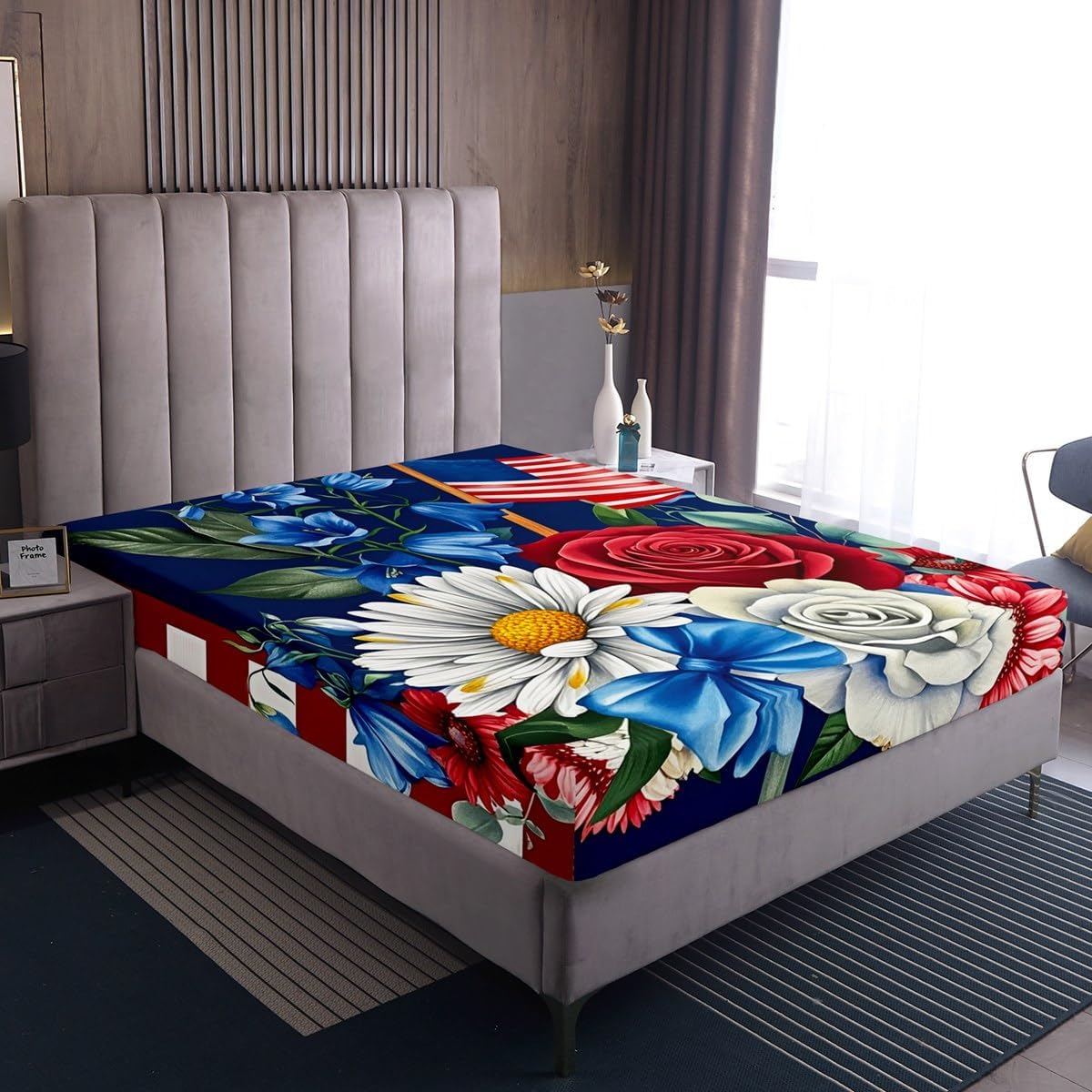 American Flag Stars Bed Sheets USA Patriotic Fitted Sheet Full for Adults Men Watercolor Red White and Blue Sheets 4Th of July Memorial Day Bed Set