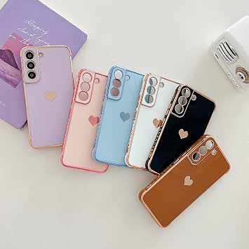 PHYLLA Compatible with Samsung Galaxy S22 6.1” 5g Phone Case,Luxury Plating Cute Love Heart Side Small Pattern Phone Case,Full Camera Protection Soft Silicone Airbag Shockproof Bumper Cover (Pink)