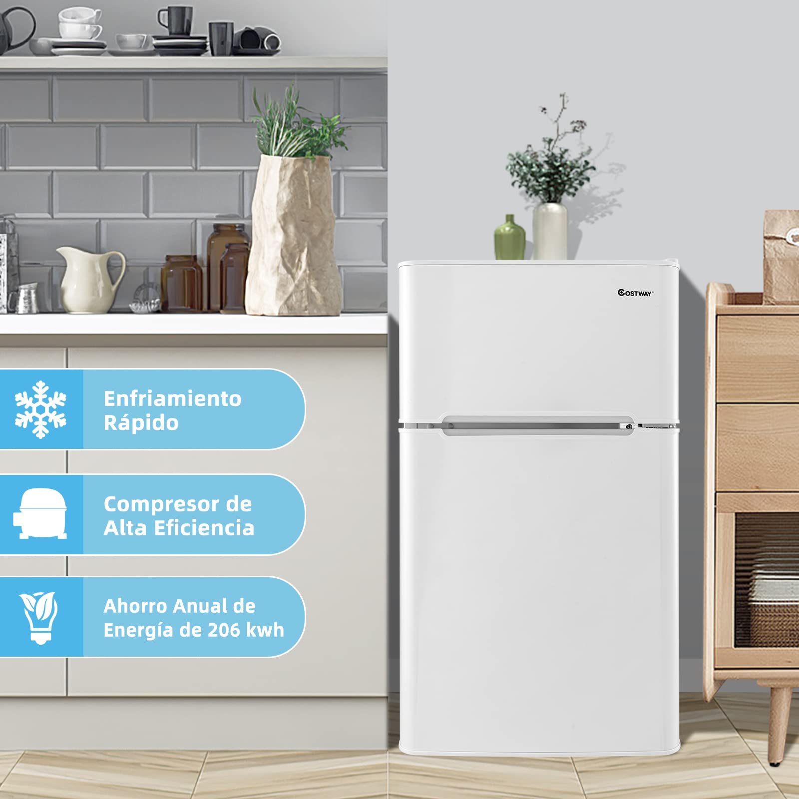 COSTWAY Frigorífico Compacto, Mini Nevera 90 L, Congelador Separado con 2 Puertas, Luz LED de Amplio Ángulo, Ahorro Energético, Refrigeración Rápida, Puerta Reversible Silencioso (Blanco)