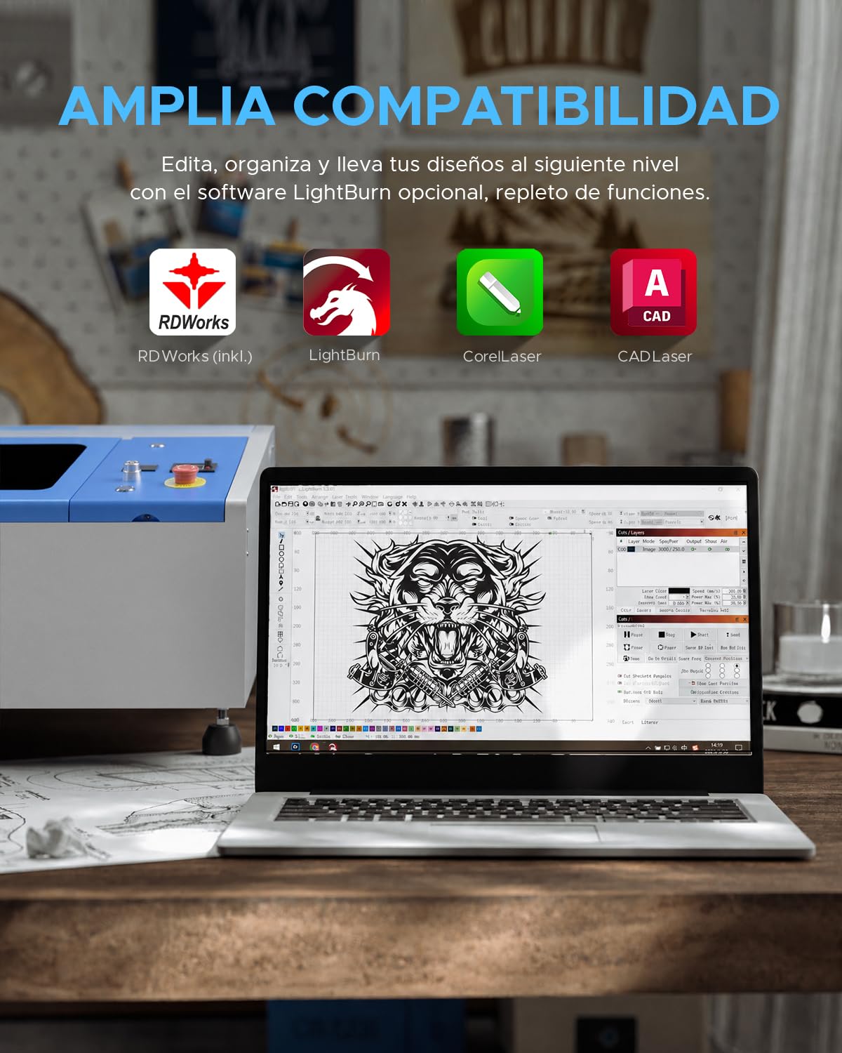 OMTech K40+ Grabador Láser CO2, 30 X 20 CM, 40W Máquina de Grabado Láser con Cabezal Láser Ajustable, Asistencia de Aire, para Vidrio, Madera, Más (30 X 20 CM)