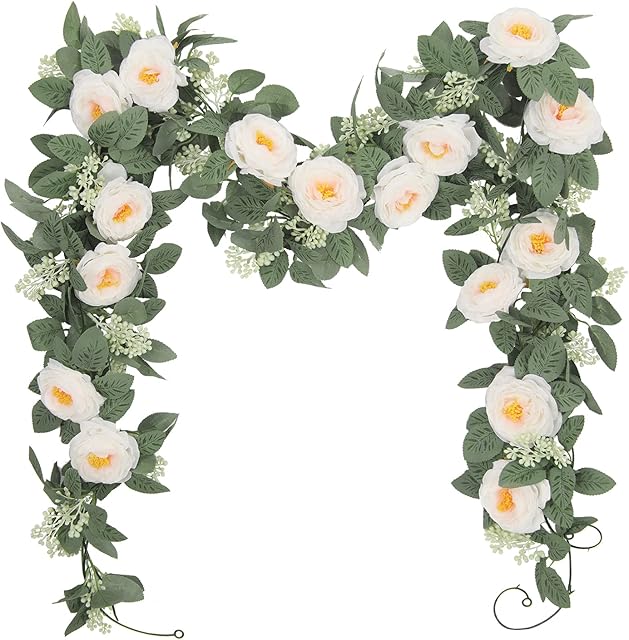 U'Artlines 2PCS(13FT) Fake Rose Vine Garland Artificial Flowers Plants for Hotel Wedding Home Party Garden Craft Art Decor(White)