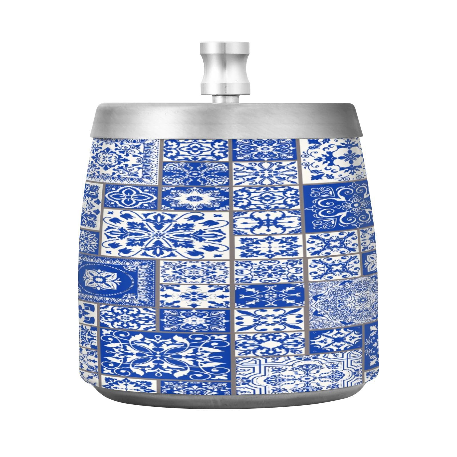 Mexican Tiles Mandala Blue White Ashtray with Lid, Windproof Cigarette Ash Tray for Outdoor Indoor, Stainless Steel Ashtray for Home Office Balcony