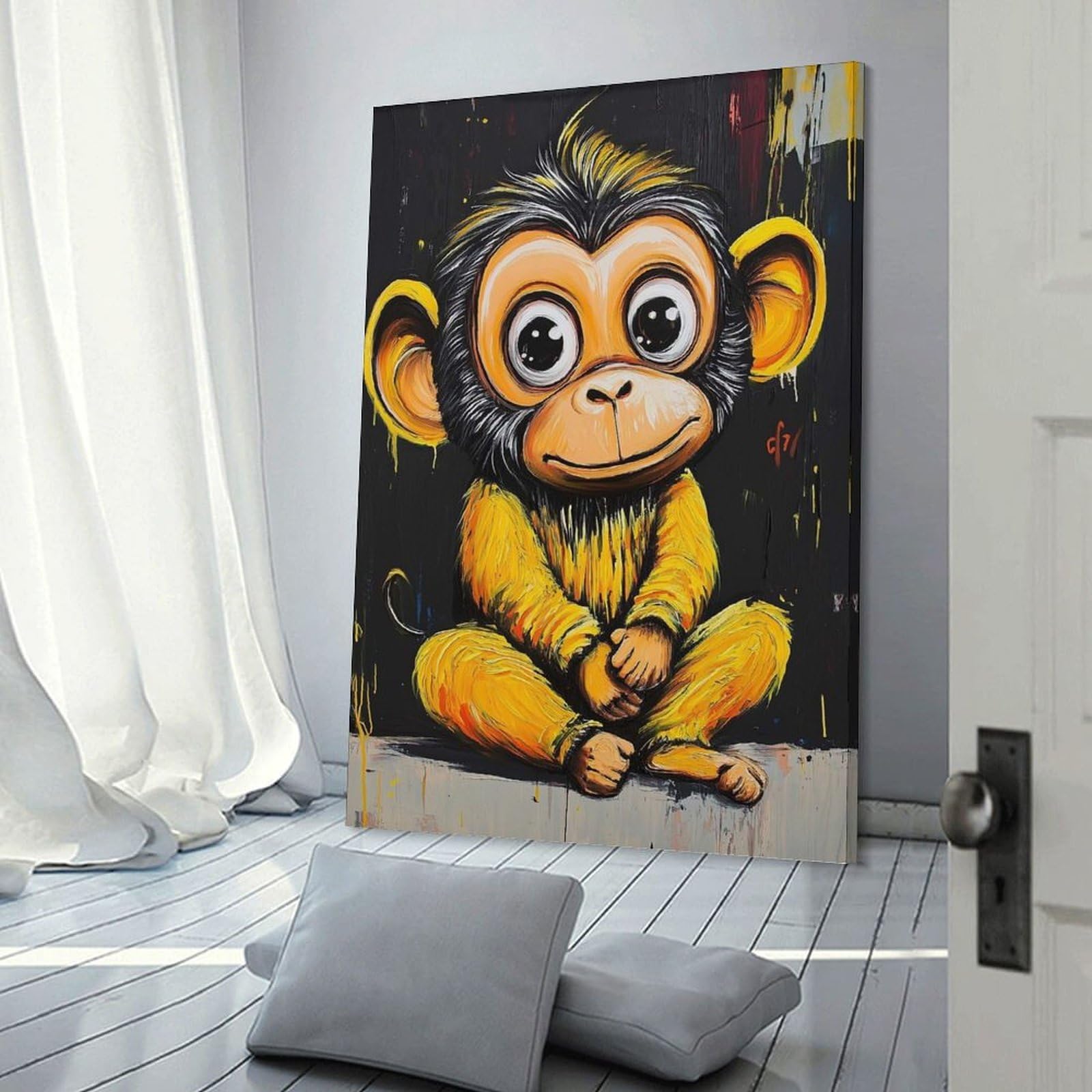 Junmoney Smiling Monkey Painting Hanging Wall Art, 12x18inch(30x45cm), for Bedroom, Guest Room Or Reading Nook, Home Artwork with A Soft Interior Feel
