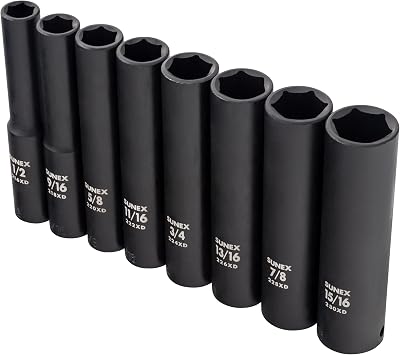SUNEX TOOLS 2848, 1/2 Inch Drive Impact Socket Set, Extra Long Deep, 8-Piece, SAE, 1/2-15/16, Cr-Mo Alloy Steel, Radius Corner Design, Dual Size Markings, Heavy Duty Storage Case