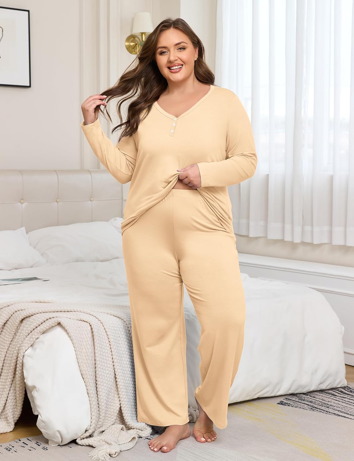 FOREYOND Plus Size Lounge Sets for Women 2 Piece Outfits Long Sleeve V Neck Tops Wide Leg Pants Pajamas Matching Set - Image 3