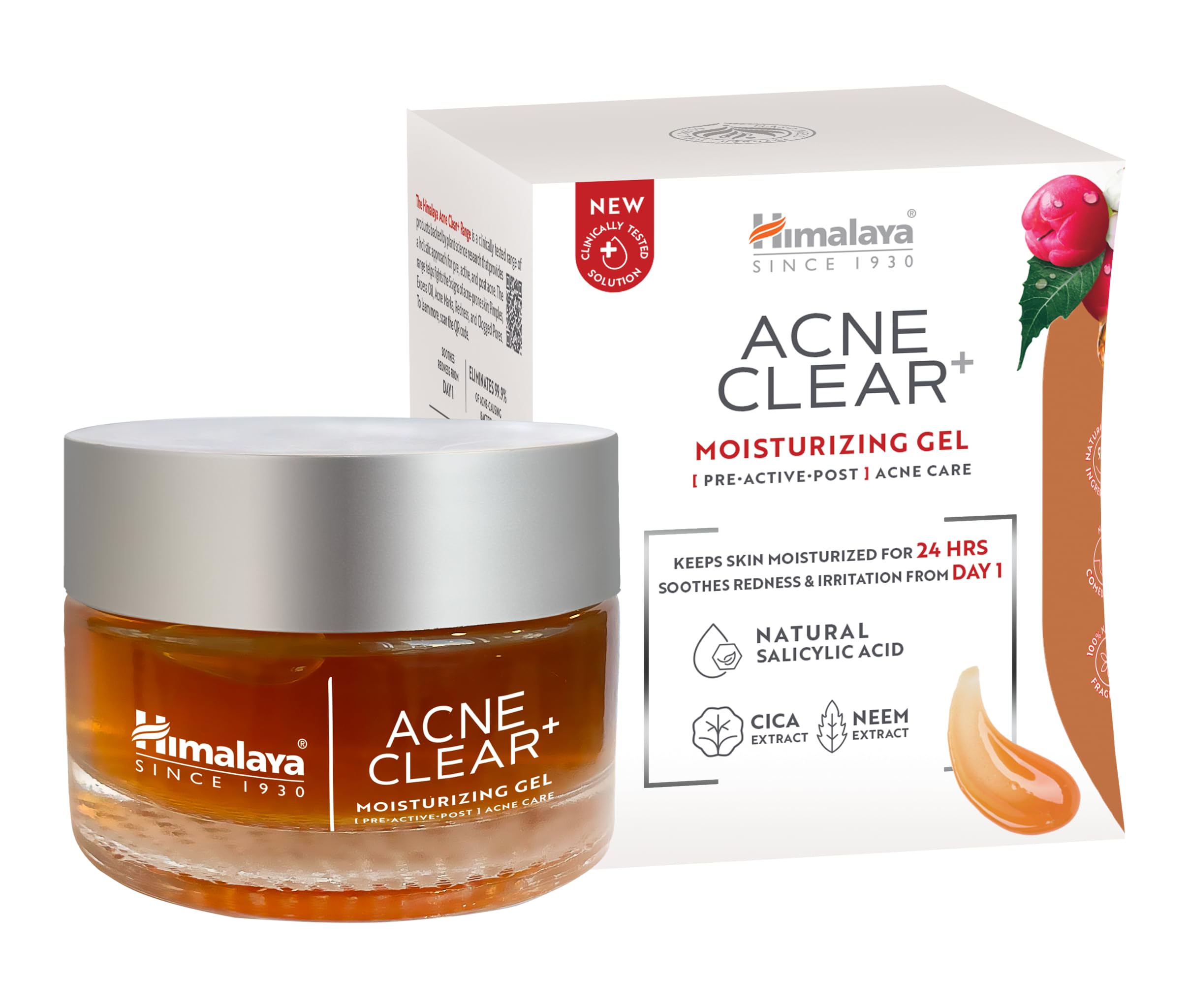 Himalaya Acne Clear+ Moisturizing Gel – Salicylic Acid, CICA & Neem – 24h Hydration, Soothes Redness & Irritation - Fights 5 Signs of Acne – 97% Natural Origin