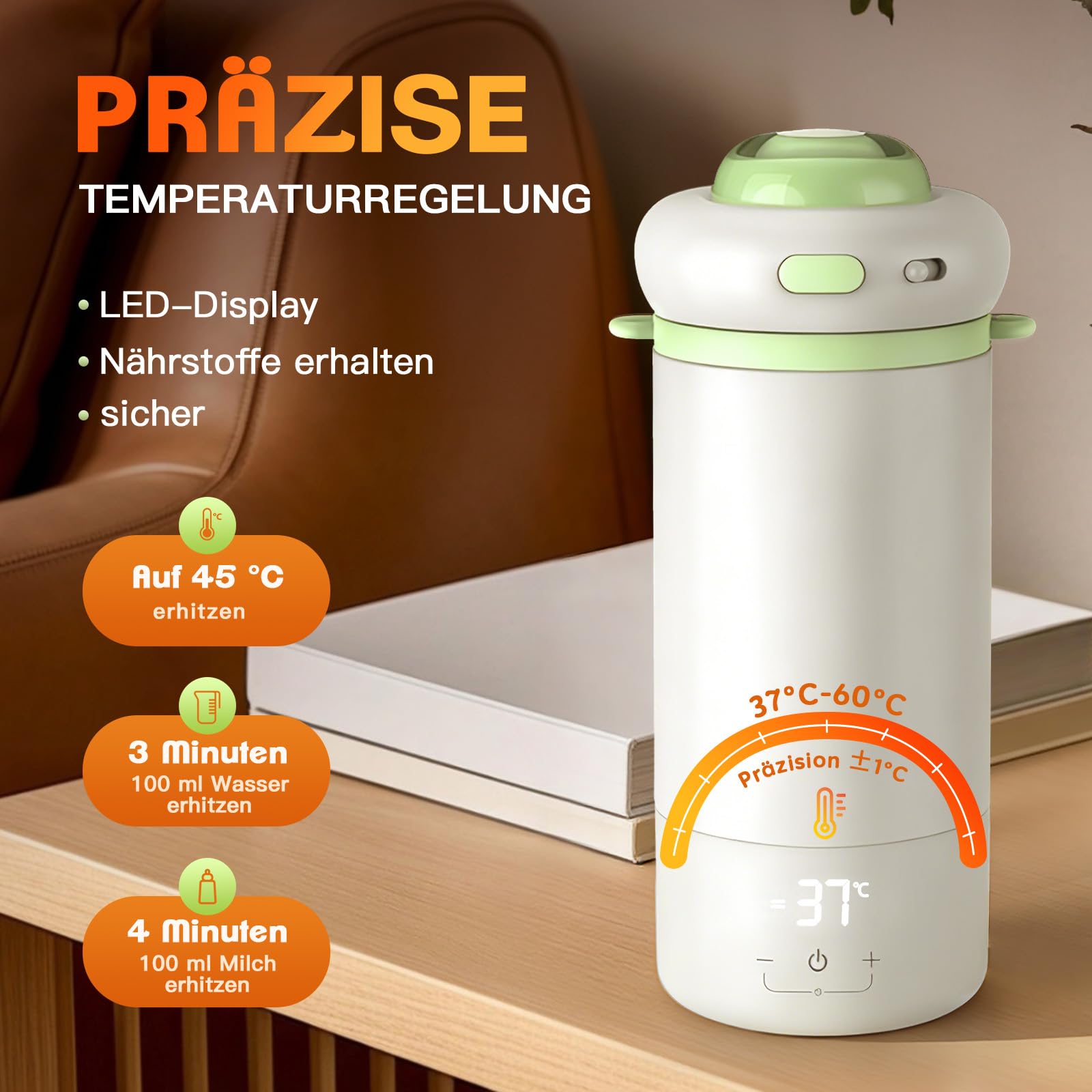 Chauffe-Biberon Portable ±1°C, Réchauffeur de Lait 500ml | Chauffe en 3 min, autonomie 8h, modes TDS & stérilisation, anti-fuite anti-sèche sans BPA idéal nomade
