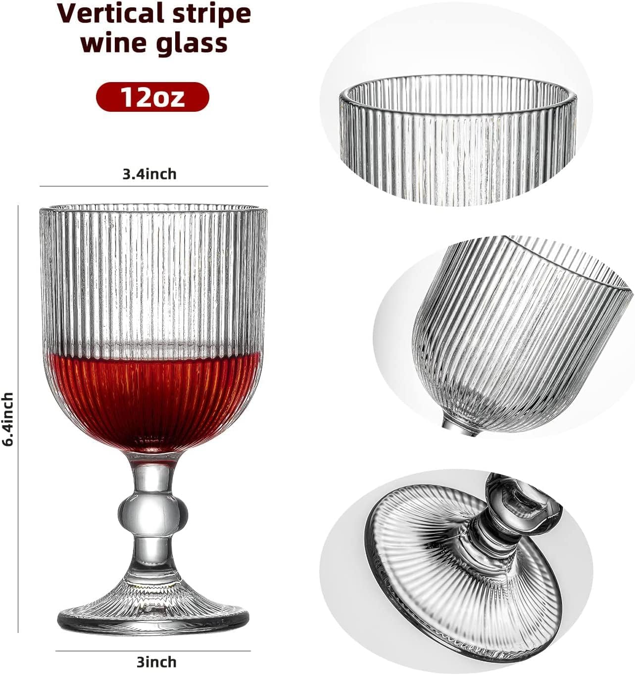 BROCCOLIN Vintage Wine Glasses - 355 ml Ripple Embossed Goblet Drinkware, Vertical Line Glasses for Wine, Water, Cocktails - Elegant Barware for Wedding, Party, Dinner Table (2) 3
