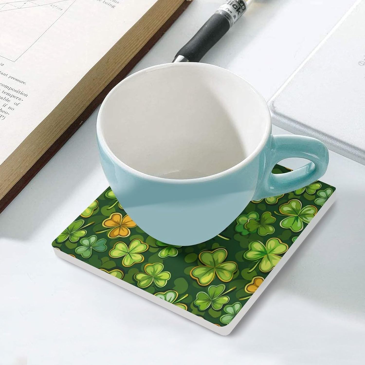 Irish Four Leaf Clovers Stpatrick's Day Coaster for Drinks Square Ceramic Table Coasters Stone Mat Crafts 4PCS Home Kitchen Decor