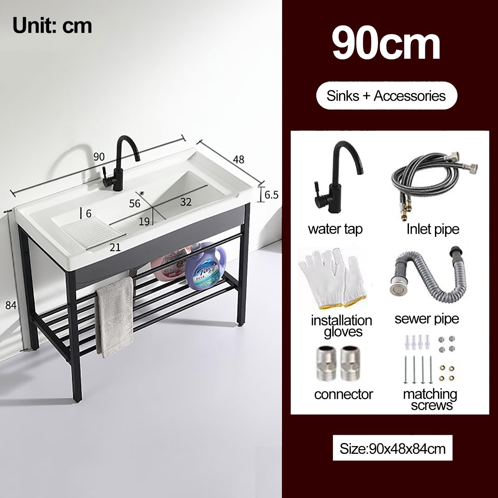 Lavandino In Ceramica Bianco, Lavabo Autoportante Con Rubinetto, Lavatoio Con Piedistallo Supporto In Acciaio Inossidabile, Lavello Per Lavanderia, Per Lavanderia, Ripostiglio, Garage, Cantina (Size