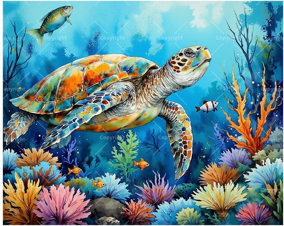 Ocean Turtle Paint by Numbers Kit for Adults - DIY Sea Turtle and Coral Reef Painting on Canvas, Acrylic Paint Set, Suitable for Beginners, Art for Home Decoration or Gifts(12X16IN Framed)