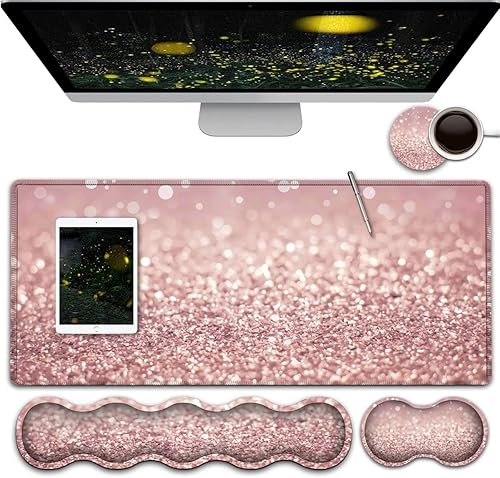 Alfombrilla de mouse rosa para juegos, alfombrilla de mouse grande con borde cosido, base antideslizante, juego de reposamuñecas ergonómico para