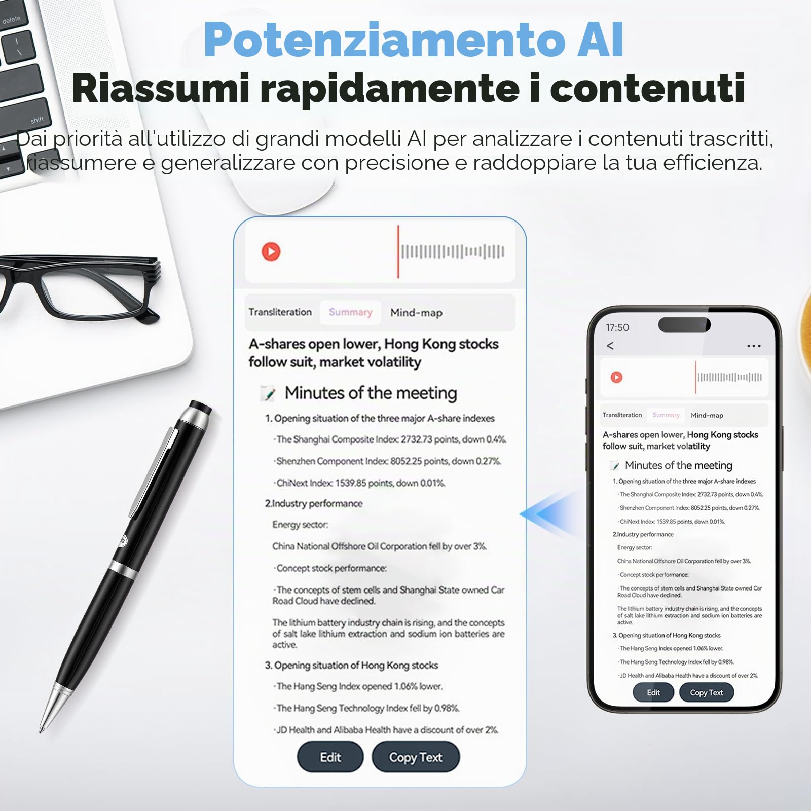 Registratore vocale KI da 64 GB, registratore digitale con trascrizione, riconoscimento vocale e funzione di scrittura KI, registratore vocale per riunioni con riepilogo, note e traduzione