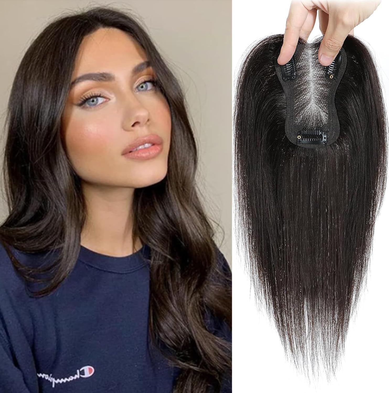 Remy Hair Toppers for Women - 100% Human Hair Clip-Ons, Dark Brown (10inch, HL-2#)