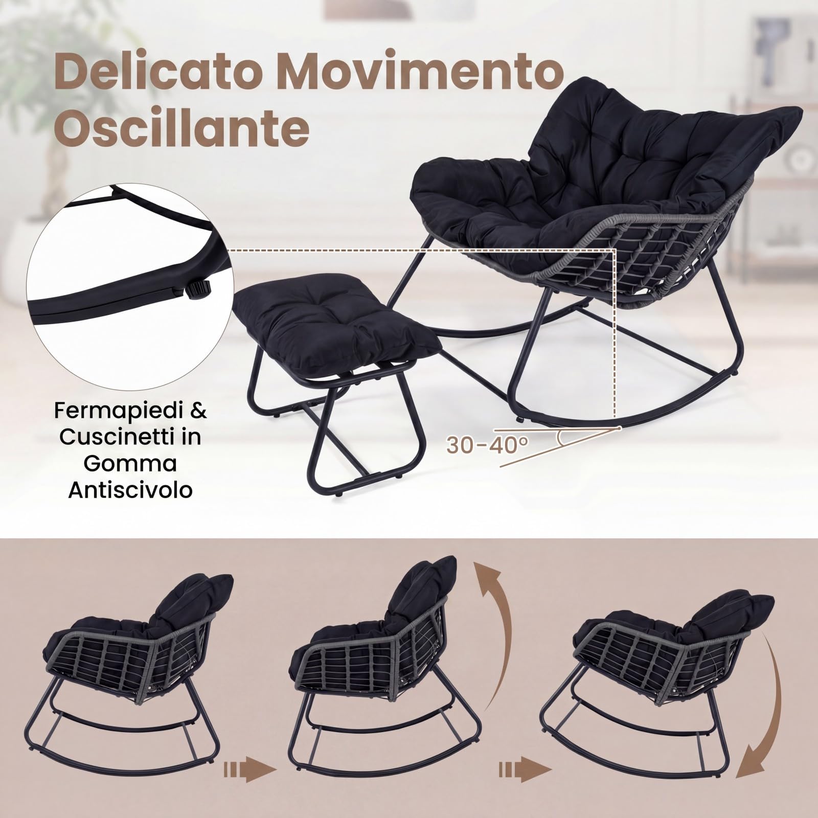 COSTWAY Sedia a Dondolo da Interno ed Esterno, Poltrona a Dondolo con Poggiapiedi e Cuscini Rimovibili, Poltrona Relax in Rattan con Telaio in Metallo per Soggiorno e Giardino, Portata 150 kg (Nero)