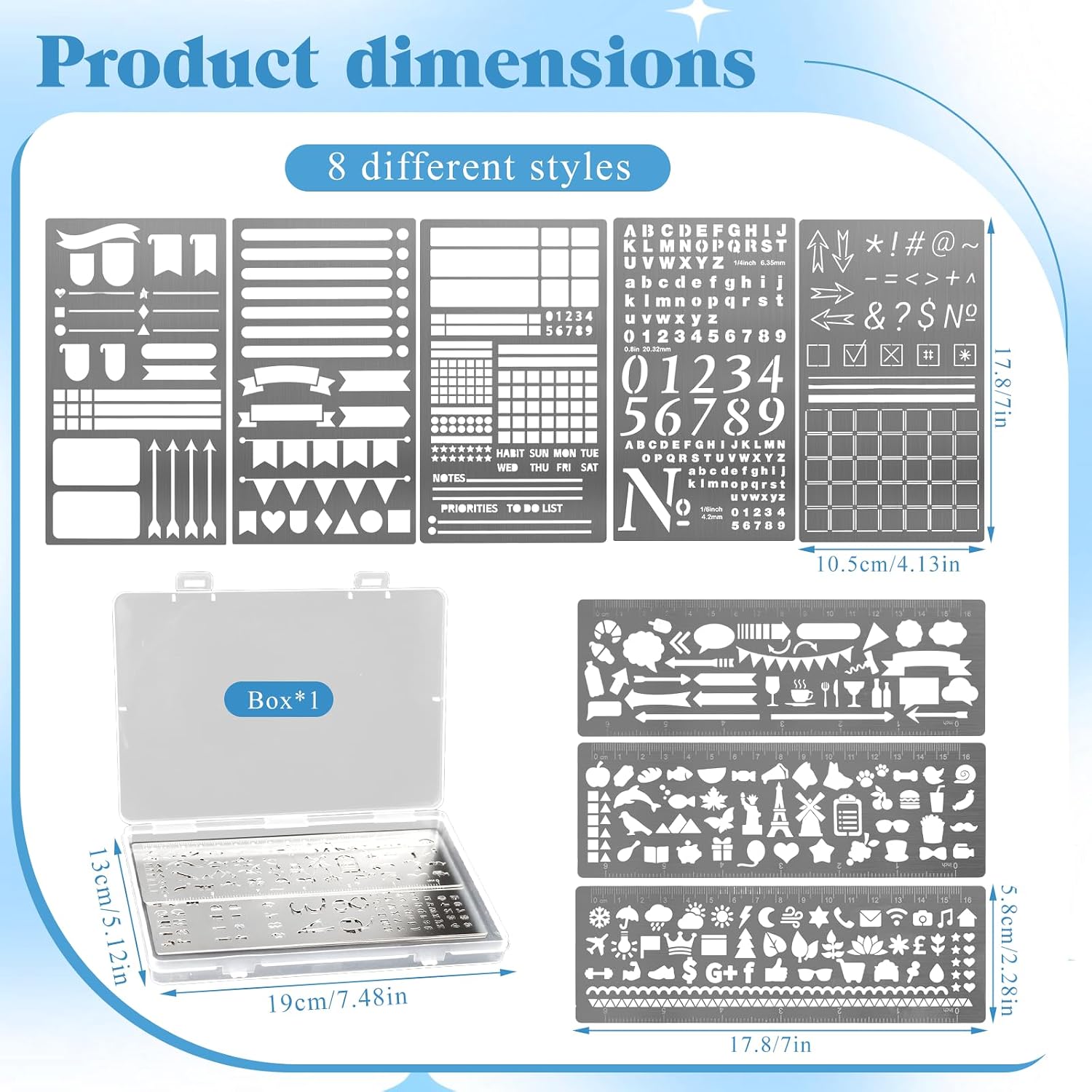 8 Pcs Metal Journal Stencils, Stainless Steel Stencil Bookmarks with Ruler, Journal Style DIY Stencils for Scrapbooking, Wood Carving Engraving, Painting & Planning(Box)