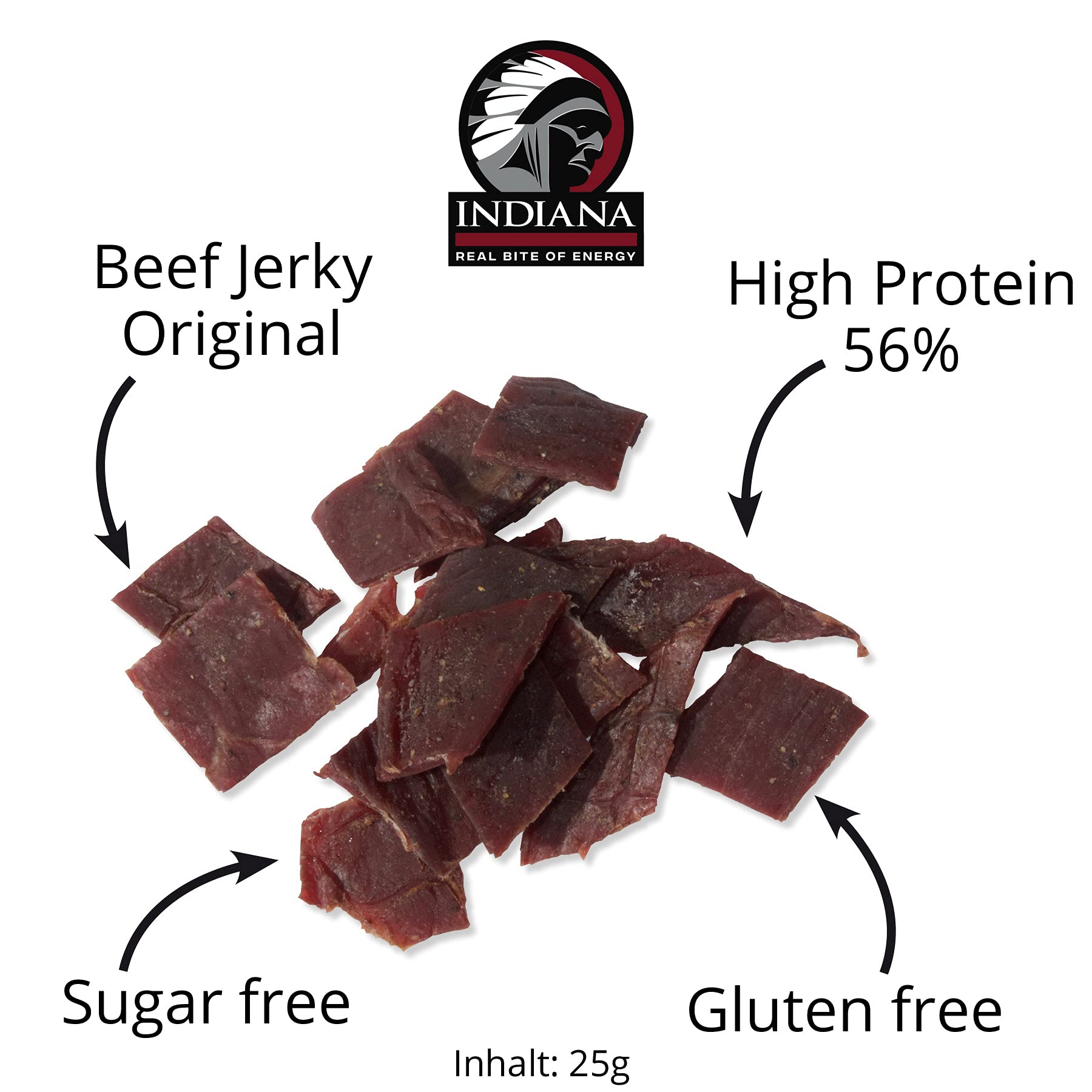 Indiana Beef Jerky Original, High Protein Trockenfleisch, ohne Zuckerzusatz, Gluten-frei, (10 x 25g)