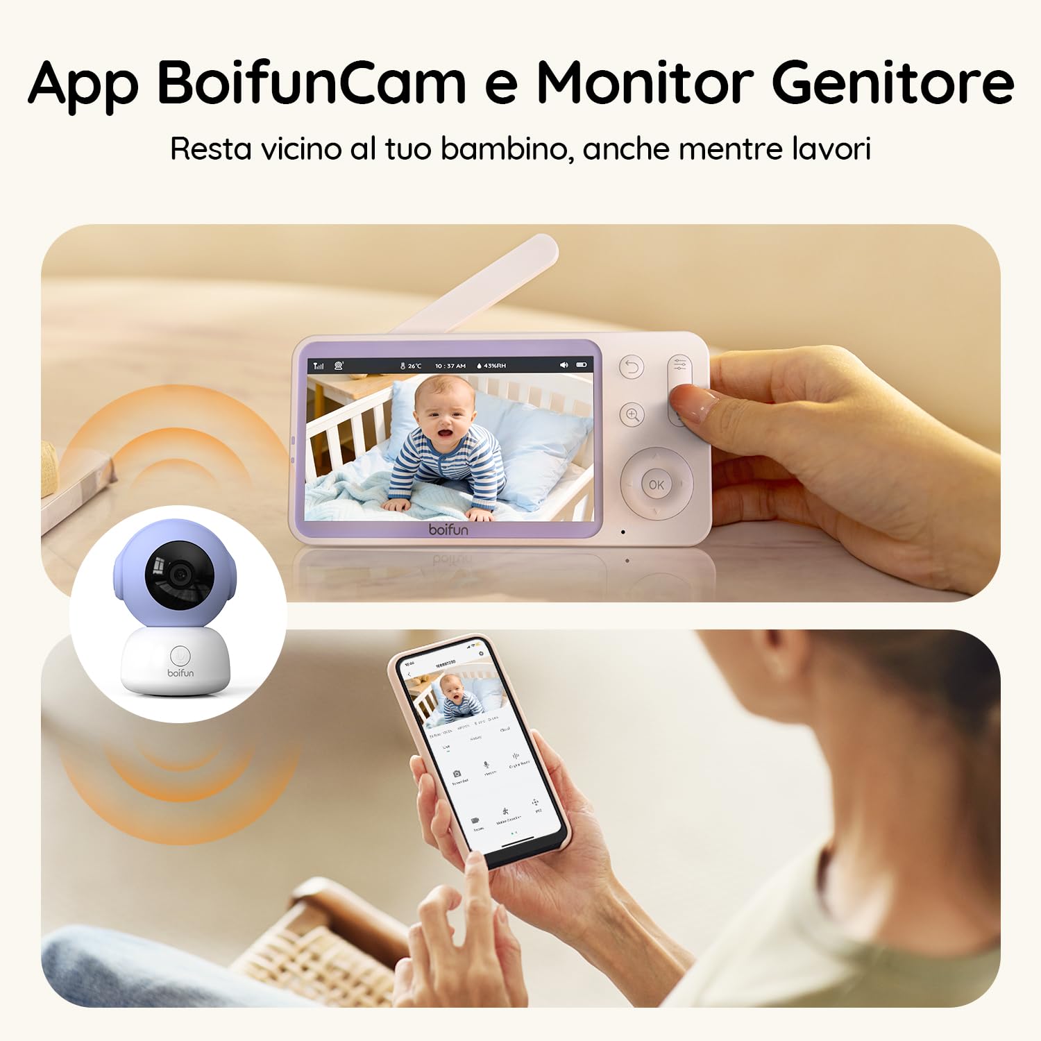 BOIFUN 2K Baby Monitor WiFi con Display 5”, Controllo Doppio App e Monitor, Avvisi Pianto e Movimento, Visione Notturna Senza Disturbi, Temperatura e Umidità, Rotazione 360°, fino a 19h