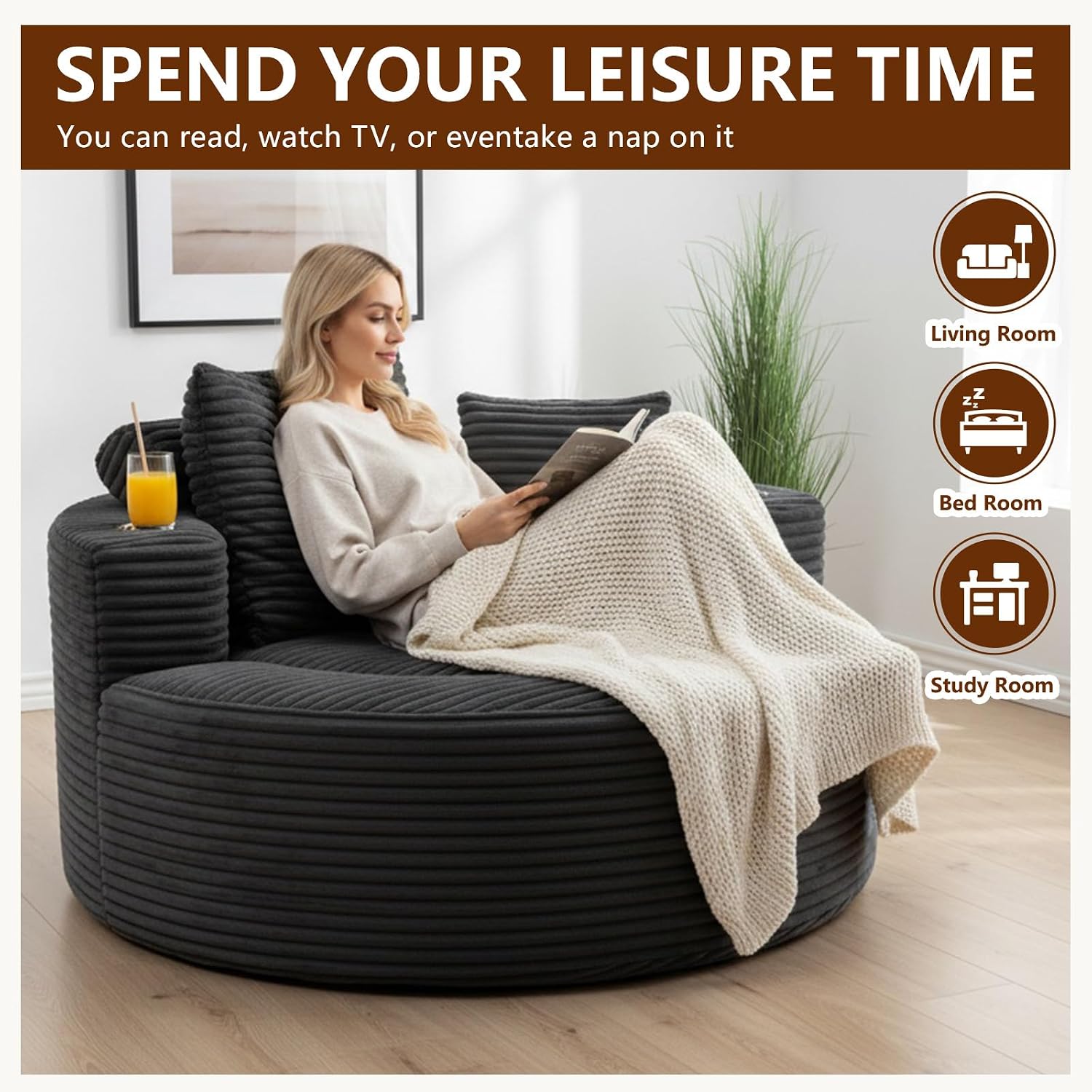 55" Oversized Round Chair, Corduroy Chaise Lounge Indoor with Cup Holders & Pillows, Round Boneless Cloud Sofa Chair for Bedroom Living Room Reading Nook, No Assembly (Dark Grey, With Cup Holders)