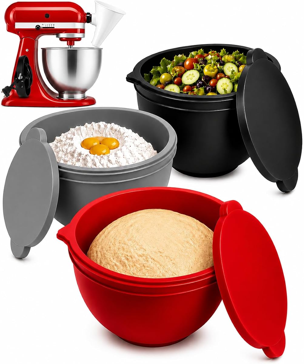 Silicone Bowl Liners for KitchenAid Tilt-Head 5 Qt Stand Mixer, 3-Set, 8-Piece - Extra Thick Bowl Liners with Lids - Reusable Baking Accessories with Flour Funnel & Cord Organizer