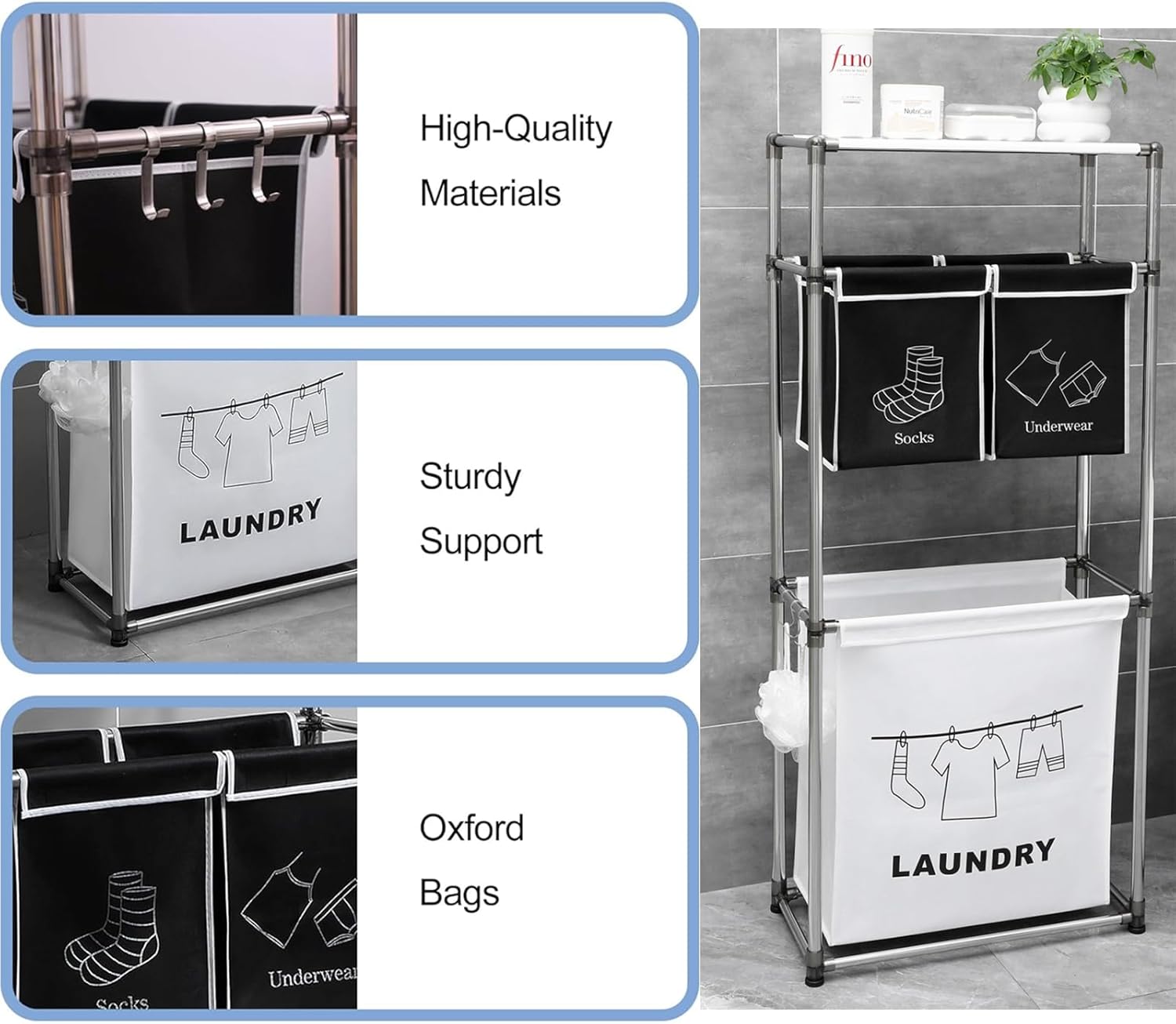 Laundry Hamper 3-Tier Laundry Sorter with 3 Removable Bags and Hooks – Organizer for Clothes, Darks, Socks & Underwear | Heavy-Duty Fabric Frame, Waterproof Oxford Liner, Large Capacity Storage