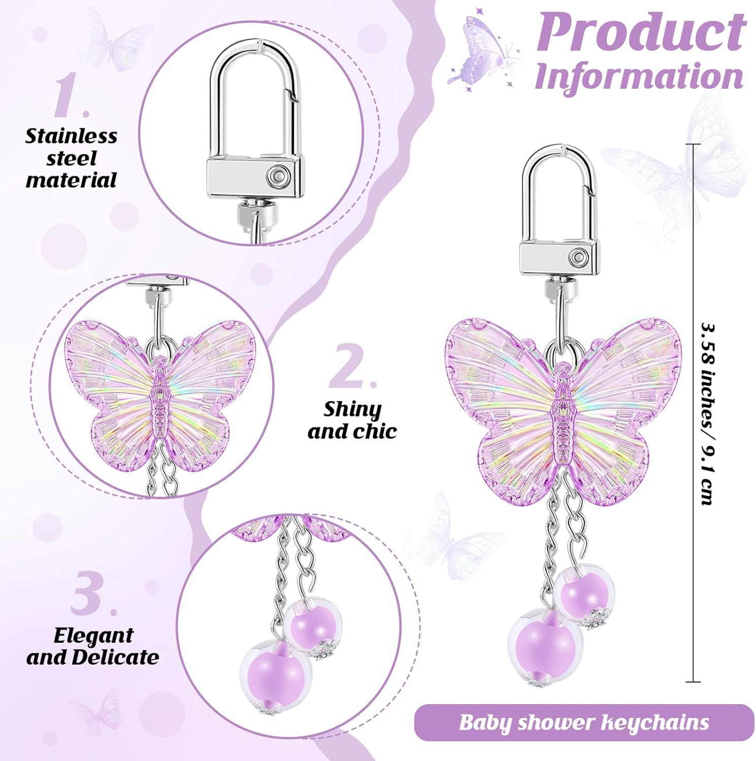 50 Set Baby Shower Favors for Guests Butterfly Keychain Bulk Thank You Cards Bag Baby Shower Return Gifts (Purple)