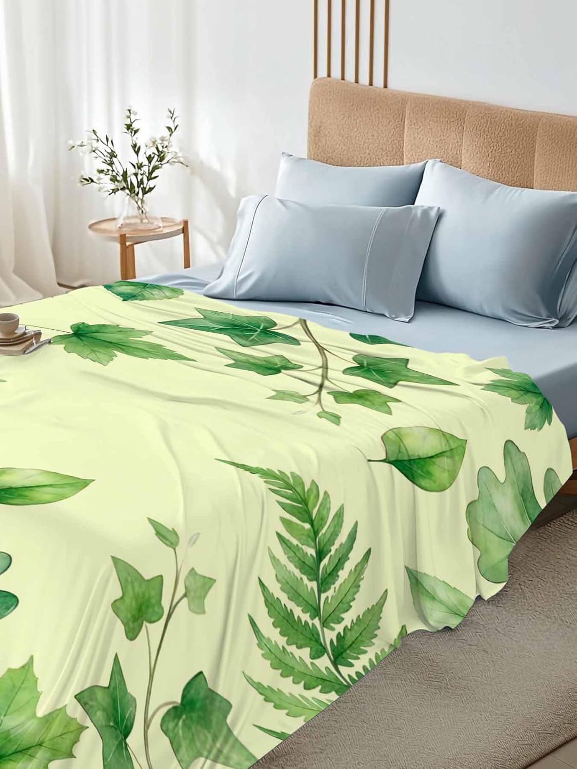Top Sheet Full Bedding Flat Sheet Only, Spring Botanical Plants on Yellow Microfiber Bed Sheets Soft Breathable Bedding Flat Sheets, Watercolor Green Leaves Hotel Luxury Top Sheets