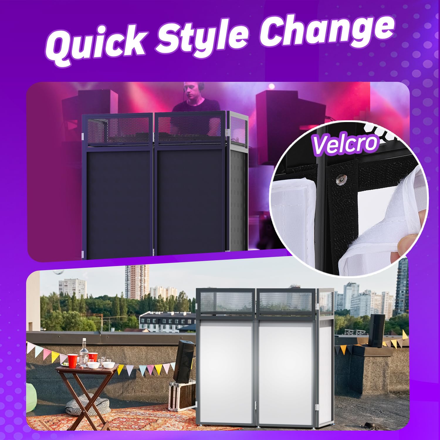 YooKoo Cabina de DJ plegable para un montaje rápido y sin herramientas, mesa de DJ con malla blanca y negra, marco de metal, soporte de DJ con agujero para cable, almohadilla antideslizante y bolsa de