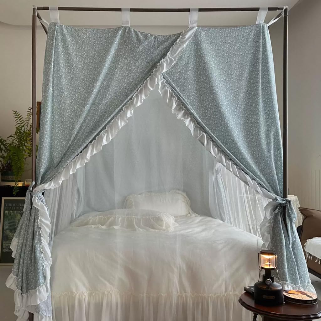 2-IN1 Broken-Flowers 4 Corners Post Canopy Bed Curtains Double Layer Cozy Drape Netting with 3 Opening Mosquito Net Mesh for Girls Bedroom Decoration (Blue, 64" W x 86" L (Pack of 1))