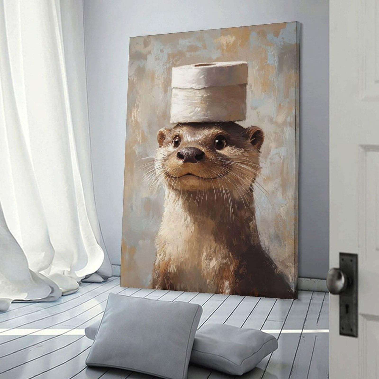 Junmoney Frame-Style Wall Picture Print Otter With Toilet Paper Hat(2), 24X36inch(60X90cm), For Contemporary Homes, Apartments Or Offices, Decorative Canvas Decor For Home Updates