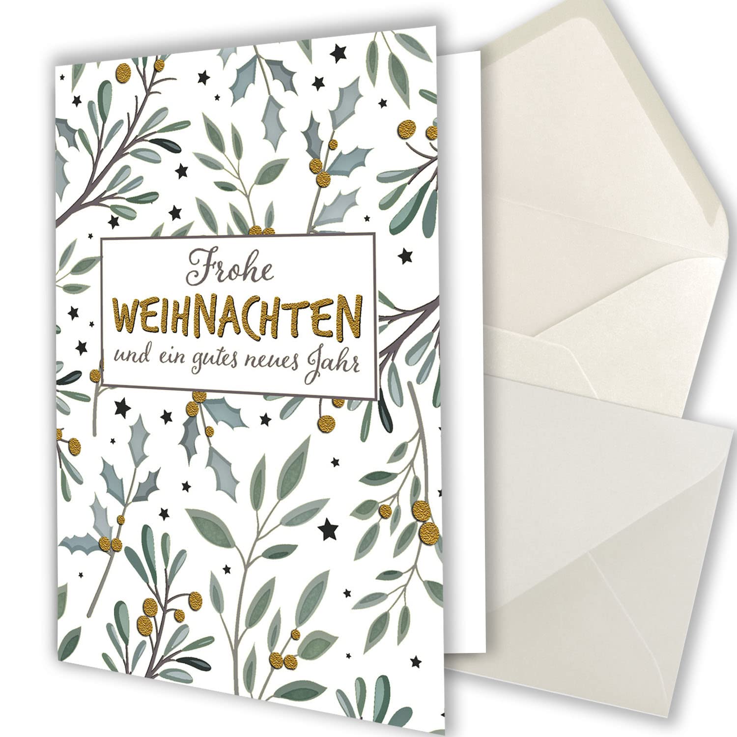 Lot de 100 cartes de Noël XL DIN A5 en blanc avec branches d'eucalyptus et de mistre – Cartes pliées avec enveloppes assorties DIN C5 blanc naturel avec fermeture humide – Vœux de Noël pour