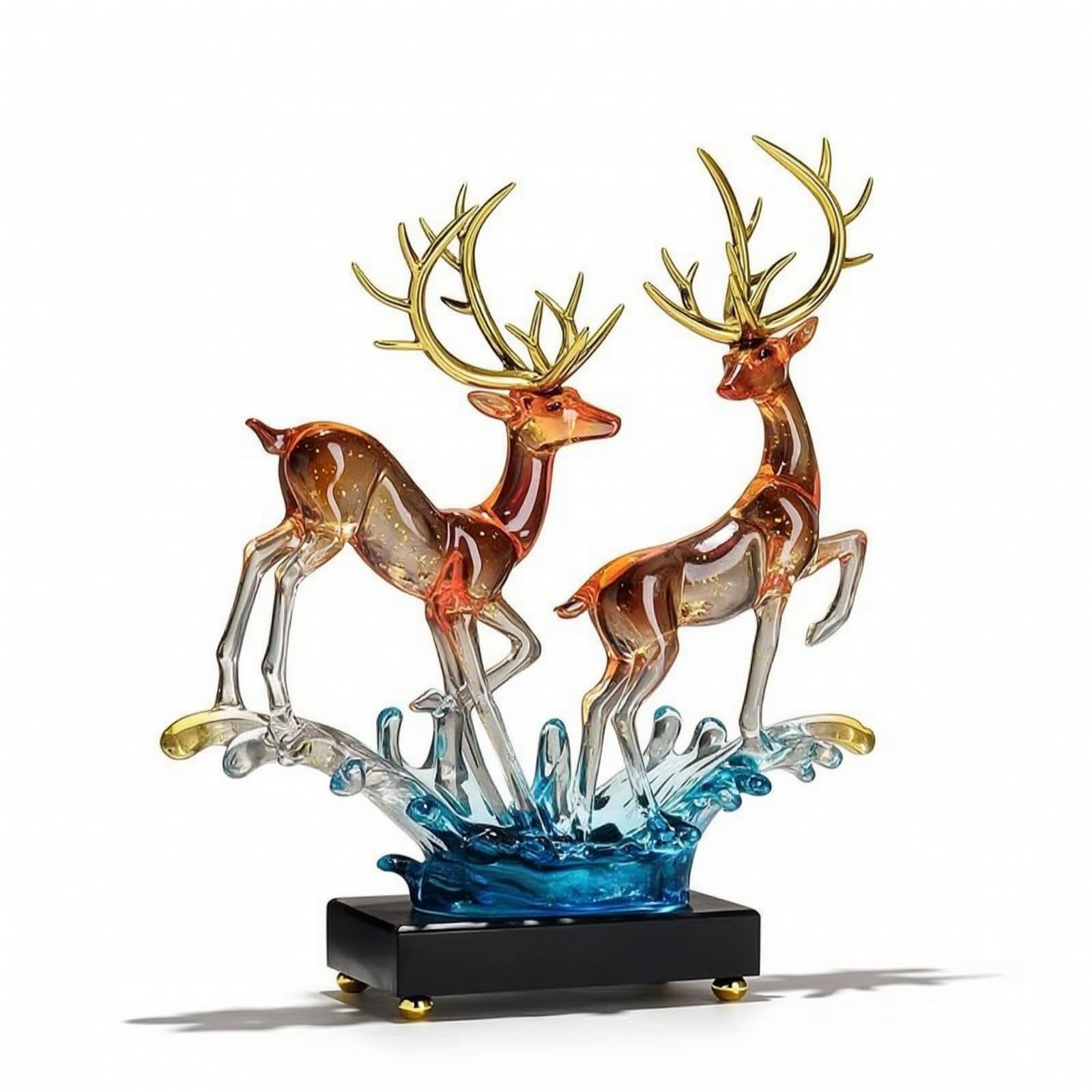 Figura Ciervos con Base Translúcido Escultura Resina corativo Adorno para Salón, Oficina, Pareja De Ciervos De Cristal Azul con Base