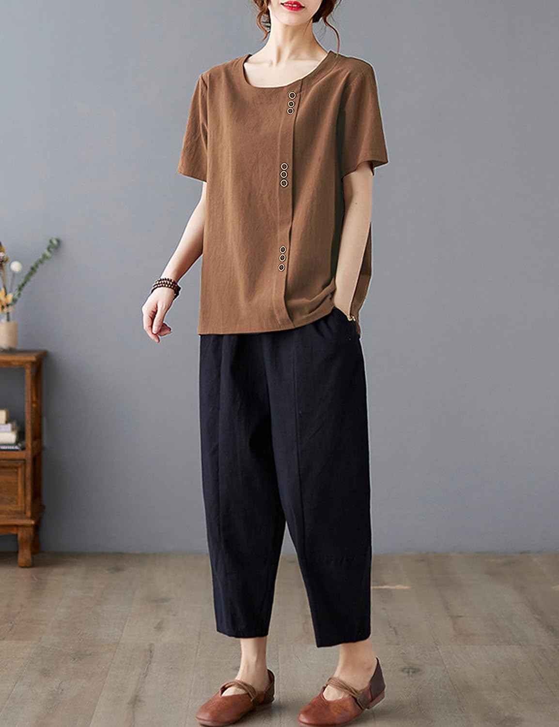 Yeokou Women Cotton Blend Crew Neck Short Sleeve Basic Tunic Tee Shirts Tops Blouse - Image 4