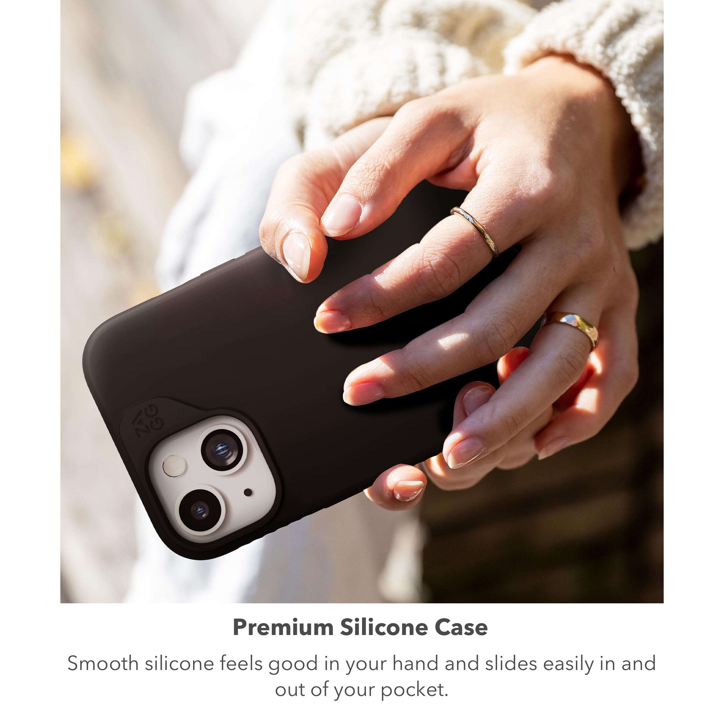 ZAGG Manhattan Snap - Funda para iPhone 15/14/13 - Funda de Silicona iPhone, Material de grafeno Duradero, Superficie Lisa con un cómodo Agarre Ondulado, Funda MagSafe para