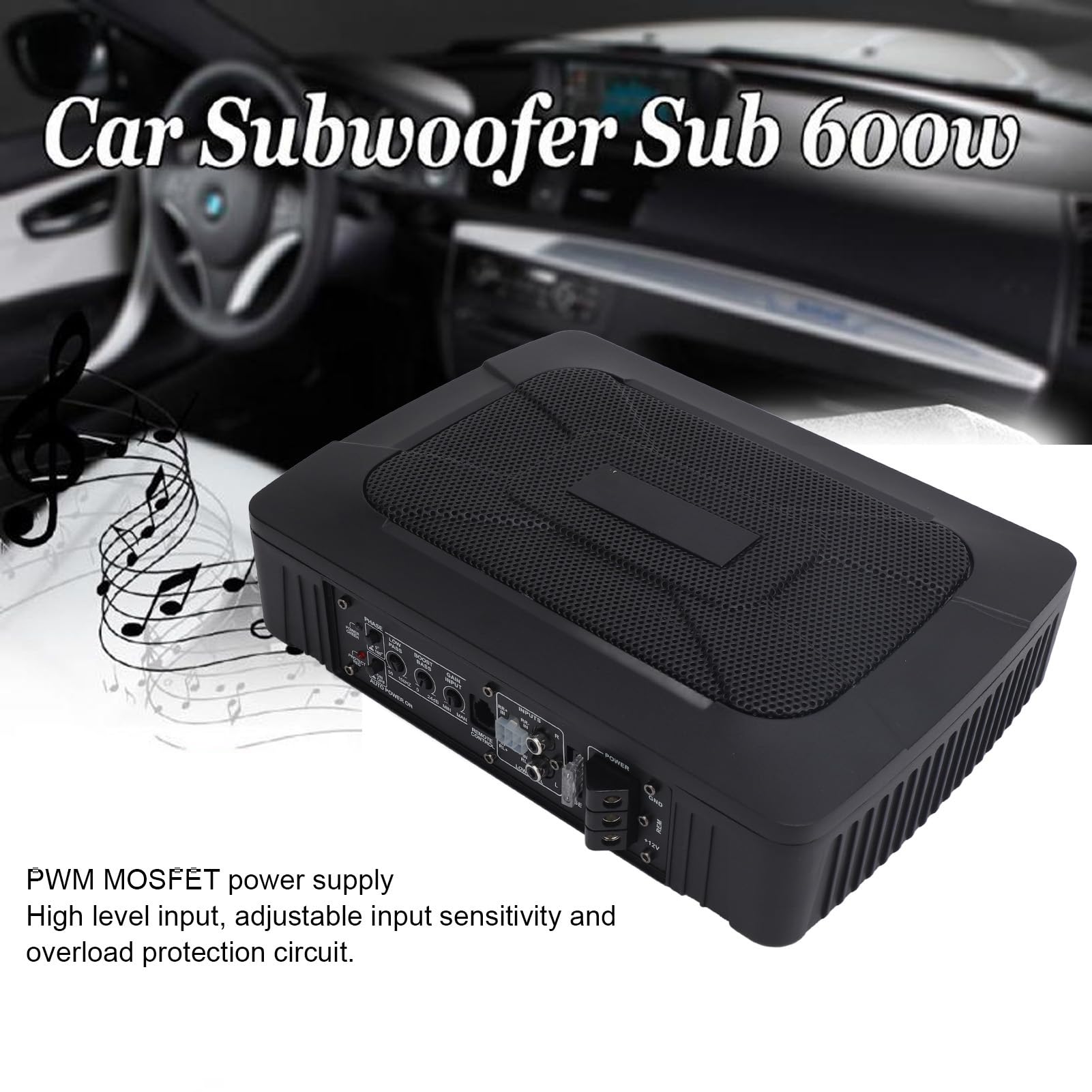 Ausla 800W Ultra Slim Subwoofer Sotto Sedile Alimentato, Amplificatore Integrato 150W RMS PWM MOSFET Ingresso High Level per Auto Camion Stereo Audio