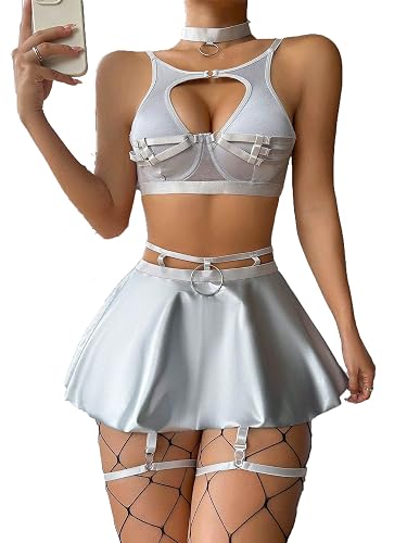 uwsic Women Leather Lingerie Set Sexy Chocker Strappy Lingerie Underwire O Ring Push Up Garter Belt Bra Skirt Outfits 5 Piece - XX-Large - Silver
