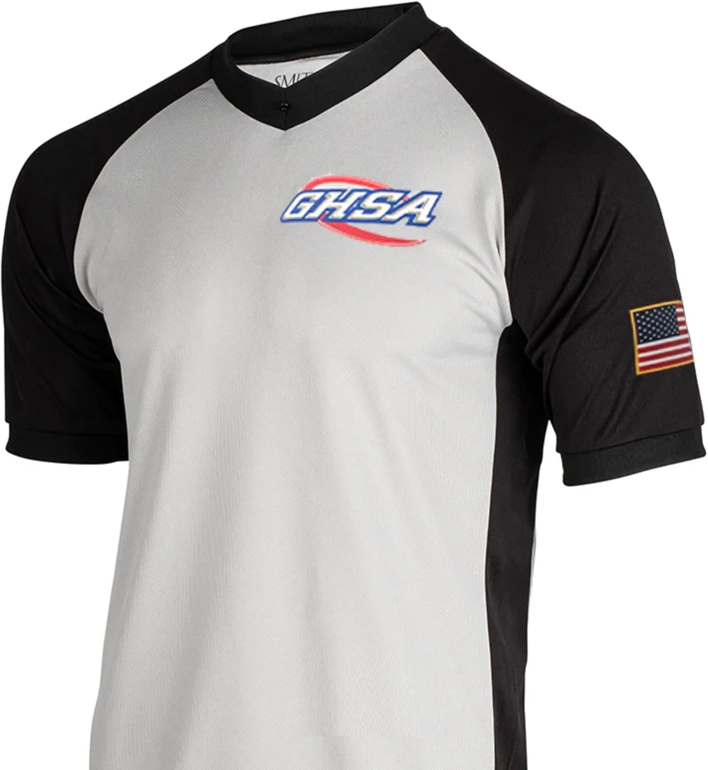 Smitty | GA-207 | GHSA Logo Grey Men's Basketball Referee Short Sleeve V-Neck Shirt Official Lacrosse with USA Flag