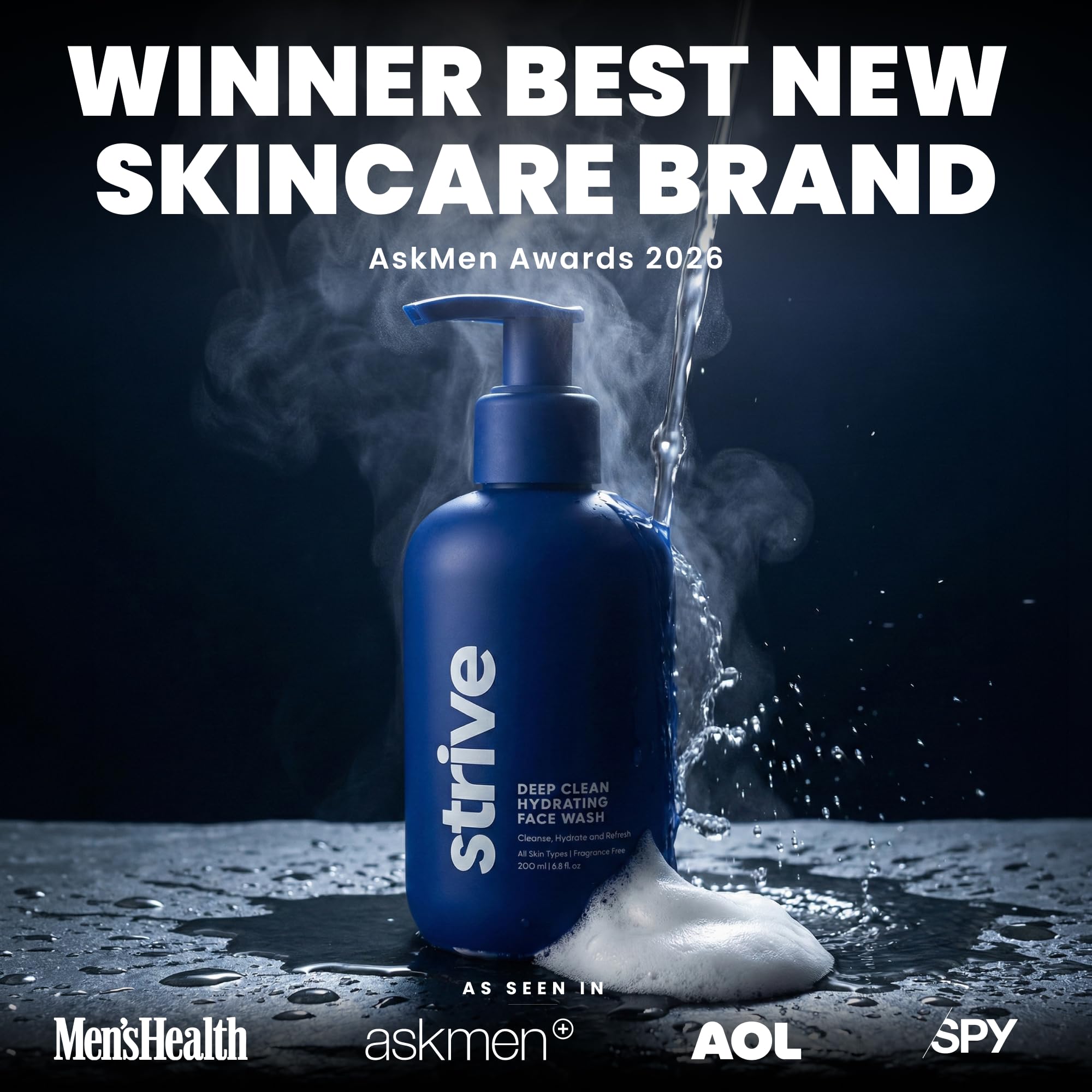Strive - Gel limpiador facial hidratante profundo para hombre, limpiador facial, cuidado de la piel para hombres, sin perfume, piel limpia, refrescante con aloe vera, ácido hialurónico y