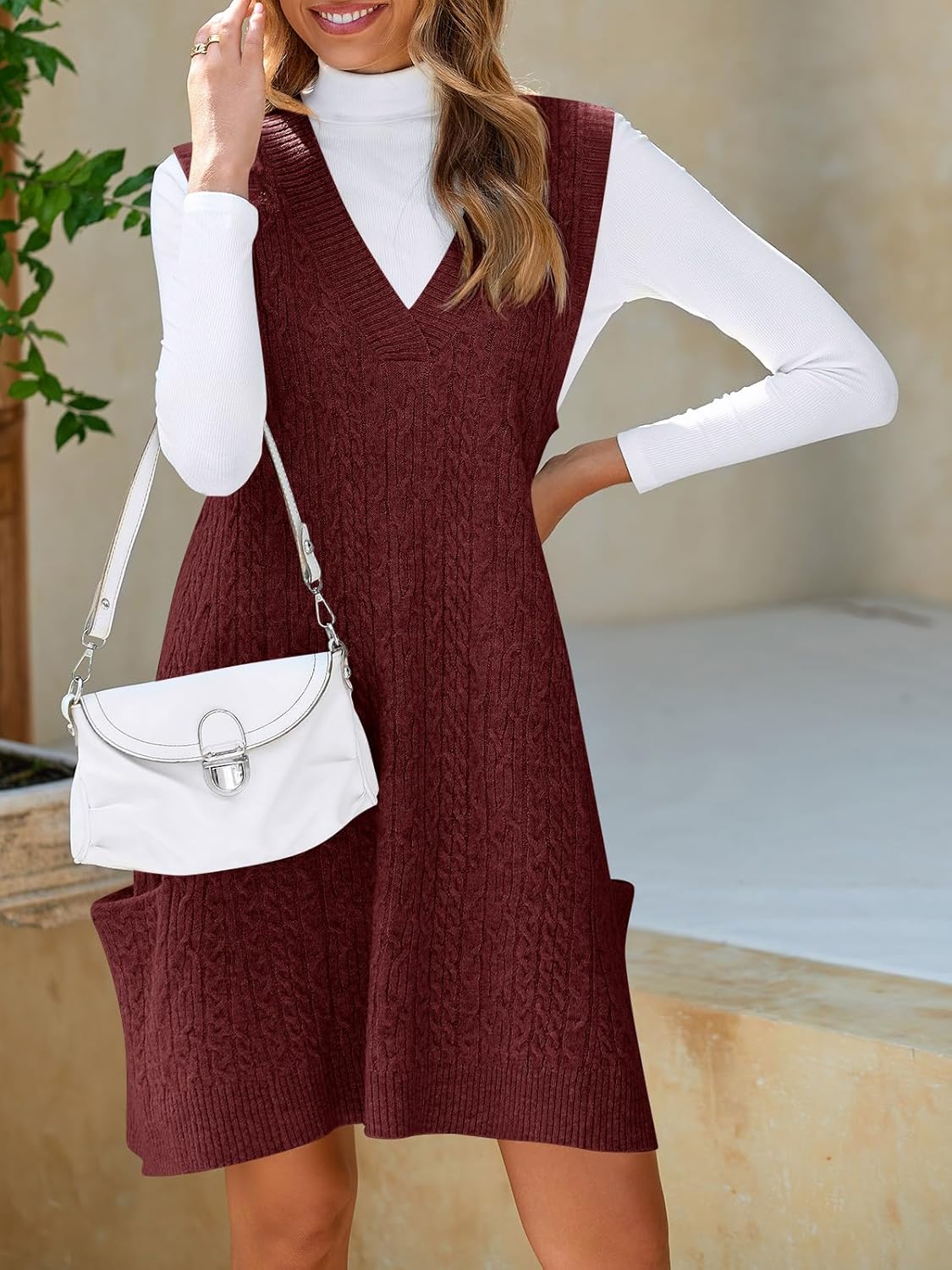 Cicy Bell Womens Oversized Sweater Vest Dress V Neck Sleeveless Fall Trendy Casual Knit Cable Mini Dresses - Image 3