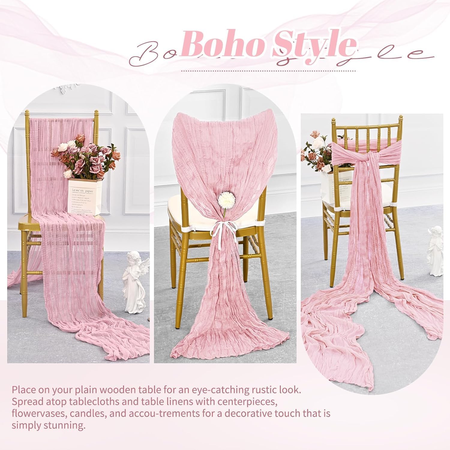 20 Pack 10Ft Cheesecloth Table Runner 20 X 120 Inch Boho Romantic Gauze Cheese Cloth Long Table Runner for Wedding Party Bridal Shower Thanksgiving Christmas Decoration (Light Pink)
