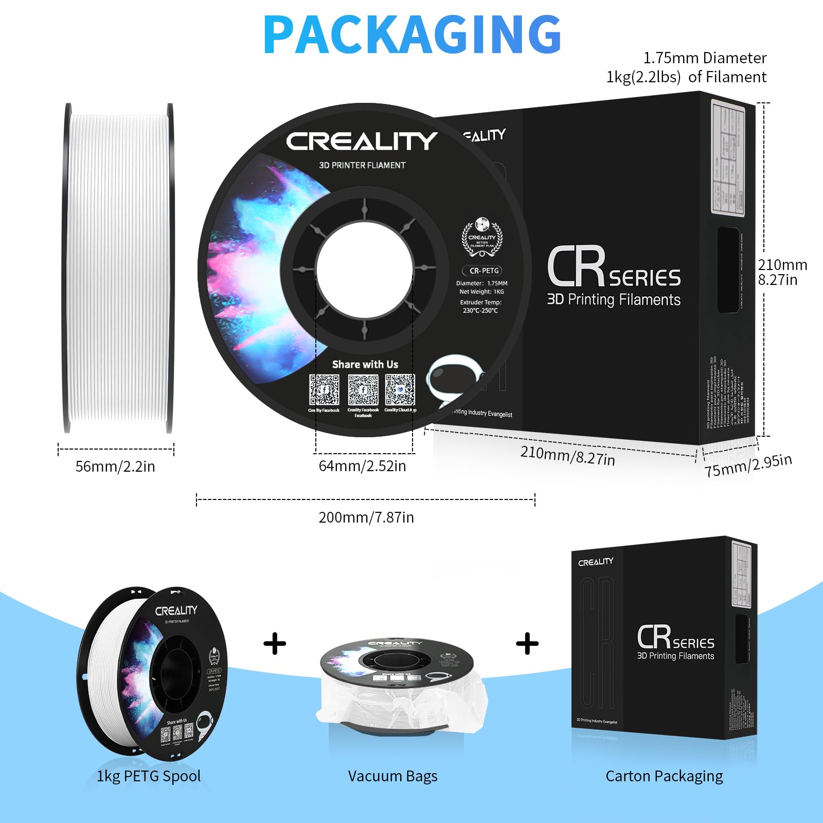Creality Filamento PETG 1,75 mm, Ufficiale Filamento Stampante 3D Che Non si Aggroviglia, Forte Legame e Prestazioni a Sbalzo Precisione Dimensionale +/-0,03 mm, 2,2 lbs/Spool, Bianco